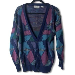 City Streets - Women’s Vintage 90s Geometric Knit Cardigan Navy – Sz M